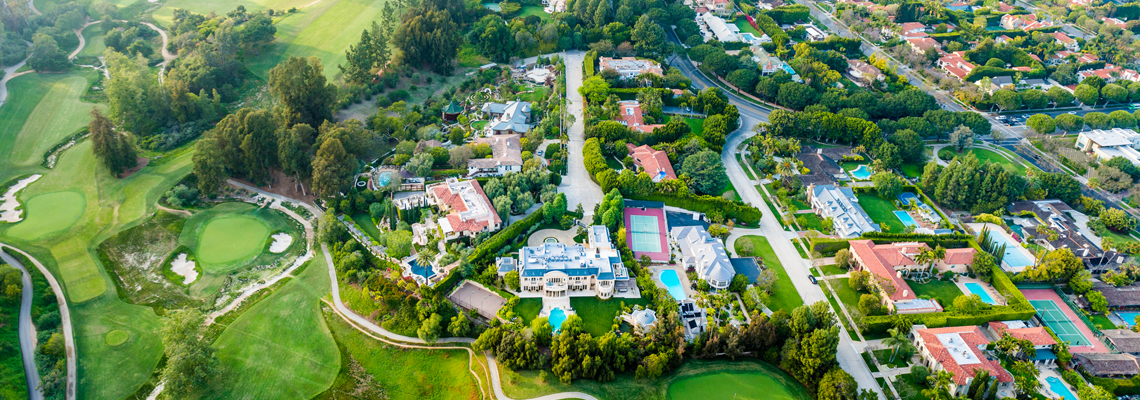 Aerial perspective of luxury homes in the Copley Place, Beverly Hills, CA