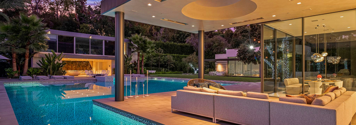 The scene inside a luxury home with a pool in Beverly Hills, California